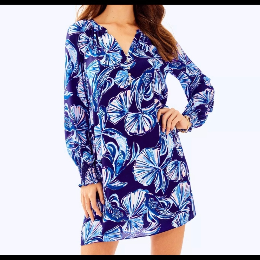Lilly Pulitzer Brynle Dress in Navy Blue In Reel Life Floral Sz S